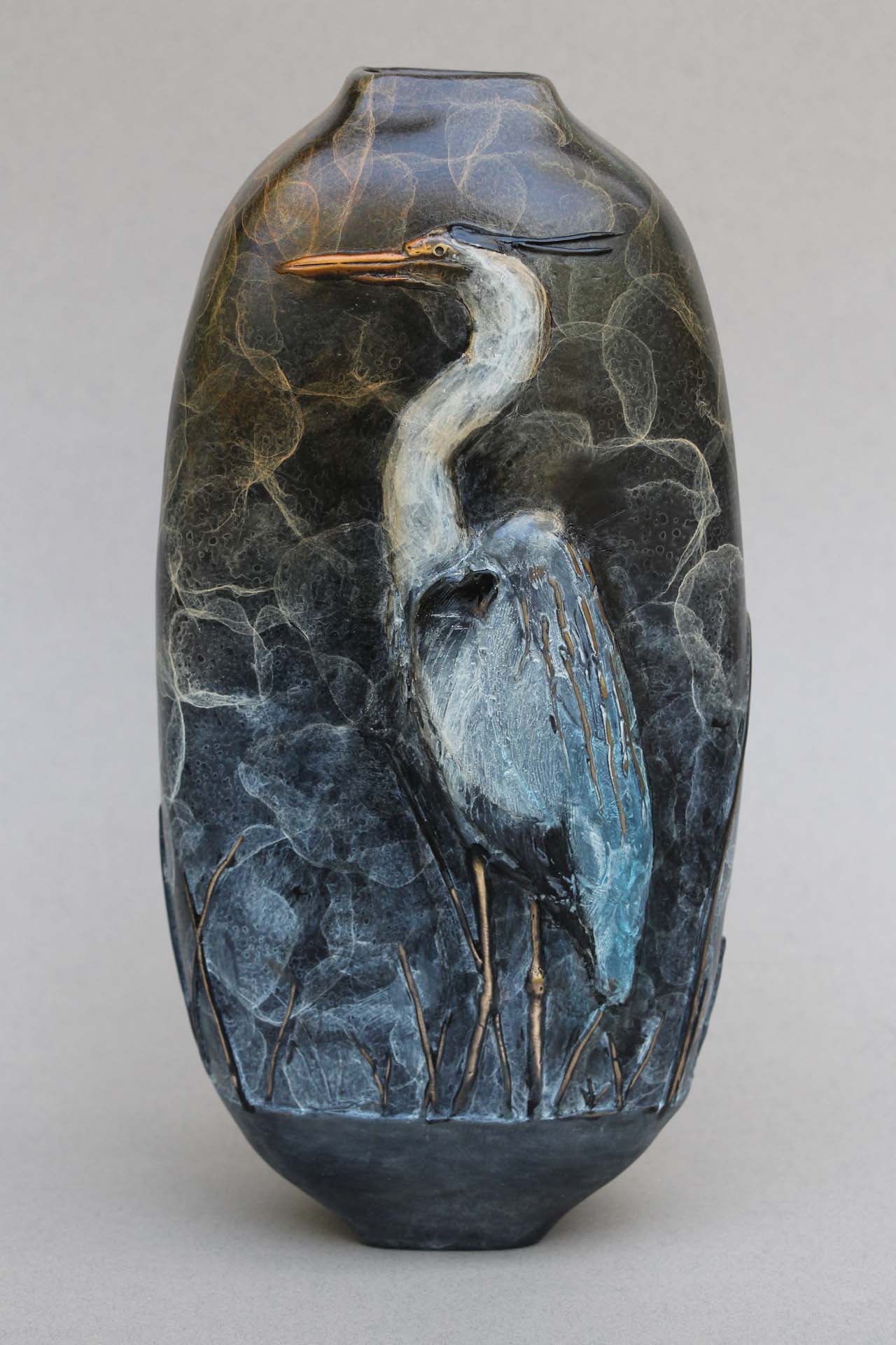 Side 1 of the Great Blue Heron vase. The Blue Heron standing at attention.