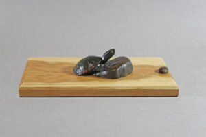 Painted Turtle climbing up onto a rock. The water is represented by the wood grain of a piece of Cherry wood