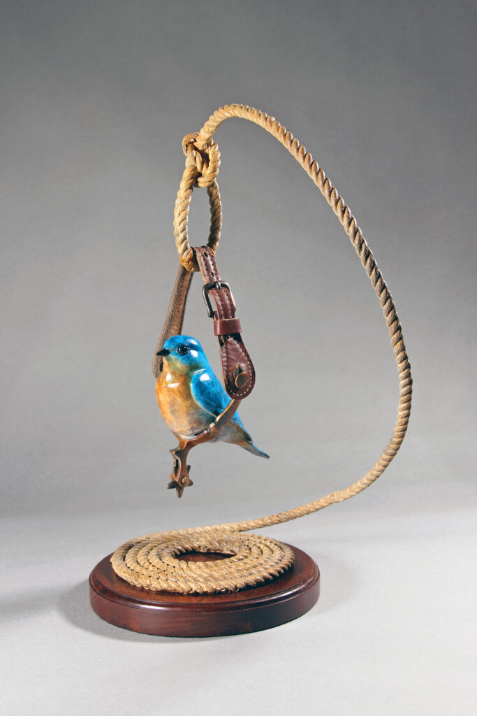 A bronze Western Bluebird perched in an old spur suspended from a lariat.